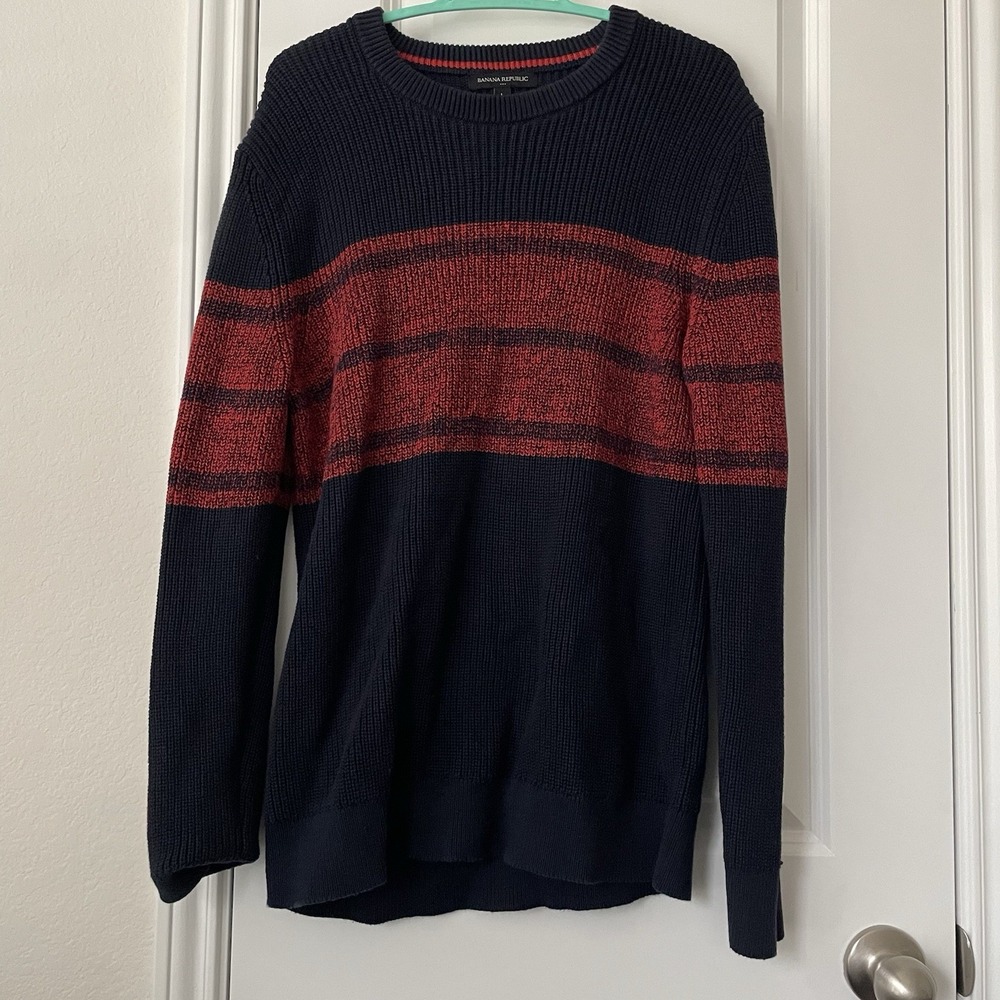 Banana Republic Knit Sweater Mens Navy/Red Long Sleeve Crew Neck Cotton Large